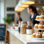 Female baristas in modern coffee shop with cupcakes on display.
